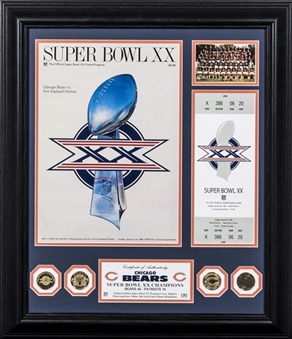 1986 Super Bowl XX Champions Chicago Bears Commemorative Display With Program Cover, Replica Ticket & (4) Medallions (Singletary LOA)